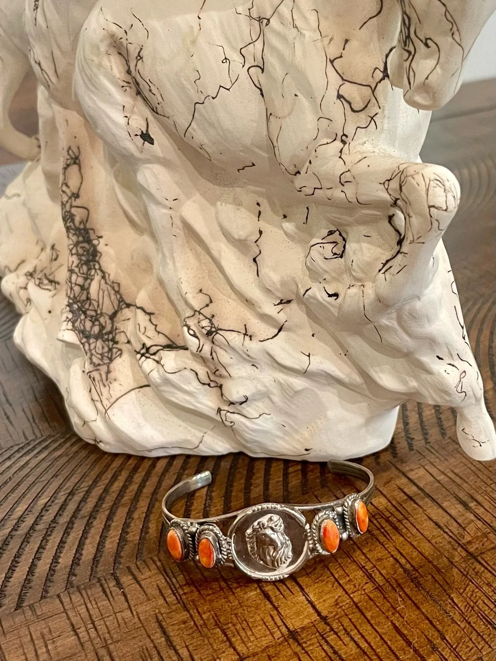 Sterling Silver Horse Motif Cuff Bracelet with Spiney Oyster Stones.